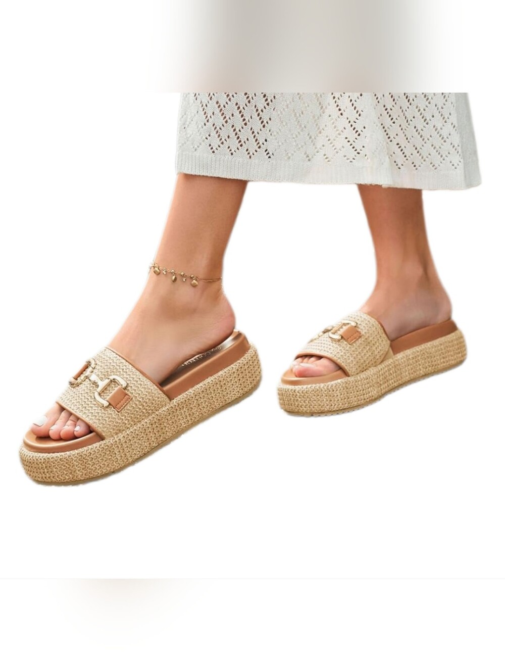 Coutgo Platform Sandals Raffia Espadrilles Metal Chain Slip On Sz 7.5 NEW!
